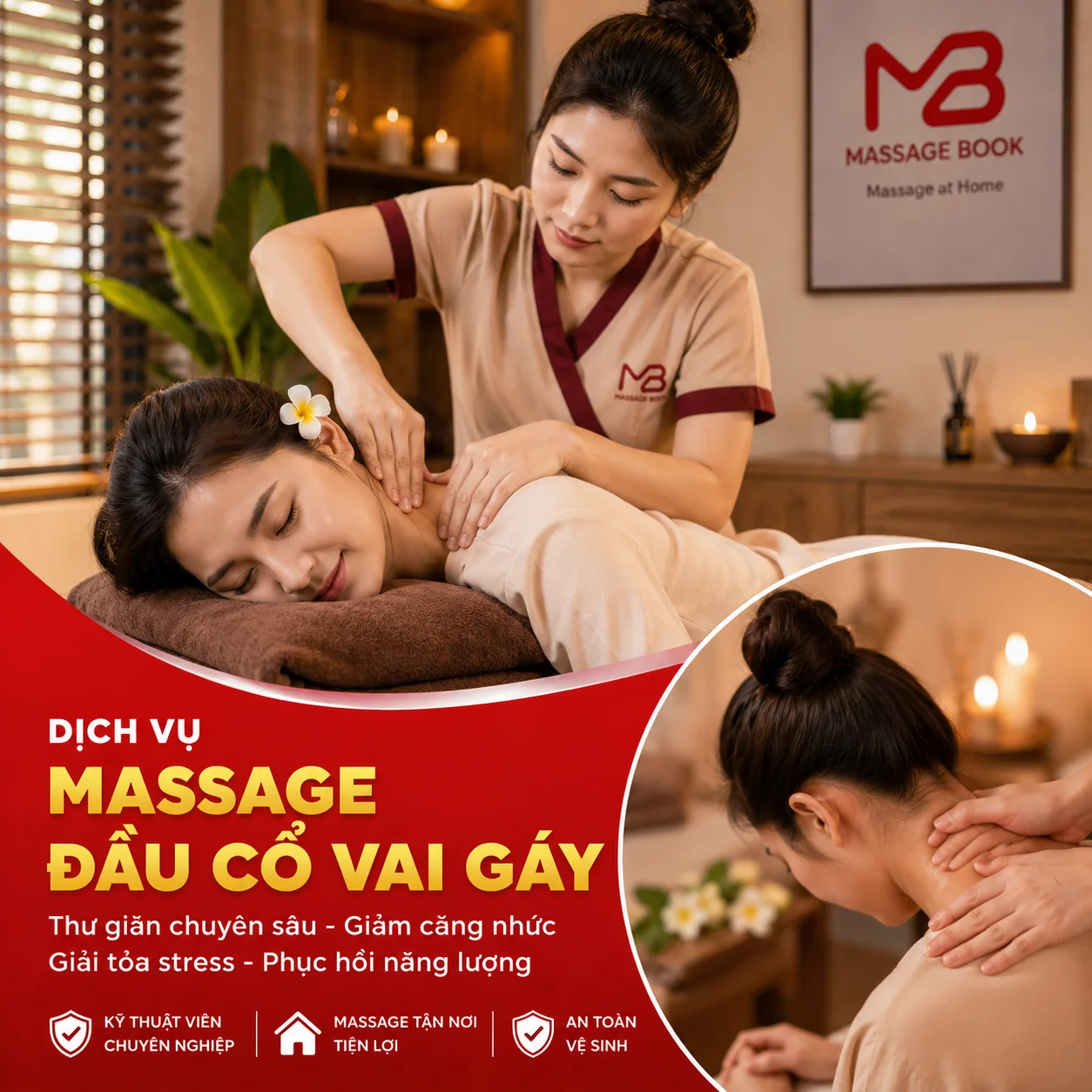 Kỹ thuật viên thực hiện massage đầu cổ vai gáy tại nhà cho khách hàng